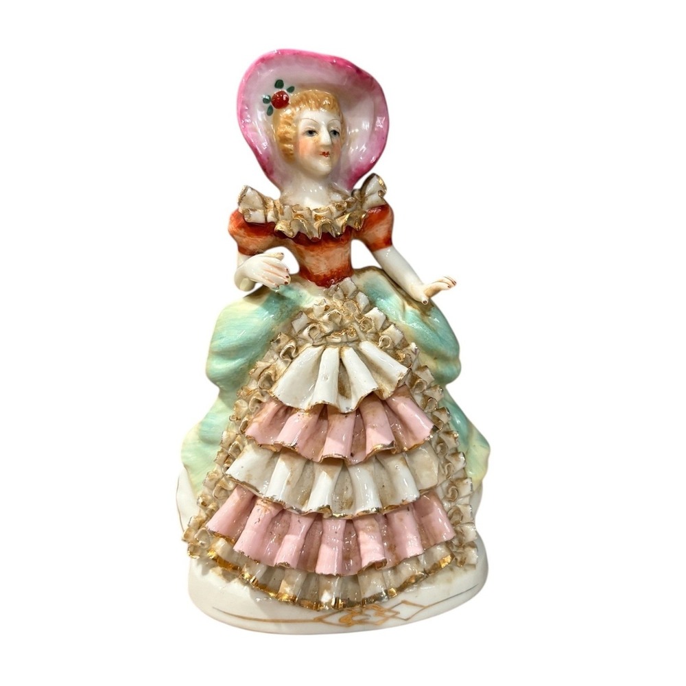 Vintage‎ Multicolor Porcelain Lady Figurine Tiered Ruffle Dress Pink Bonnet